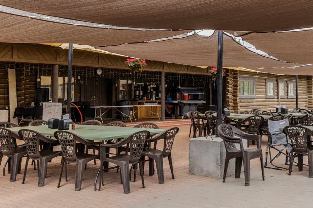 Outdoor dining area with shaded canopies, green tables, and brown chairs near a rustic log lodge decorated with string lights and hanging flowers.